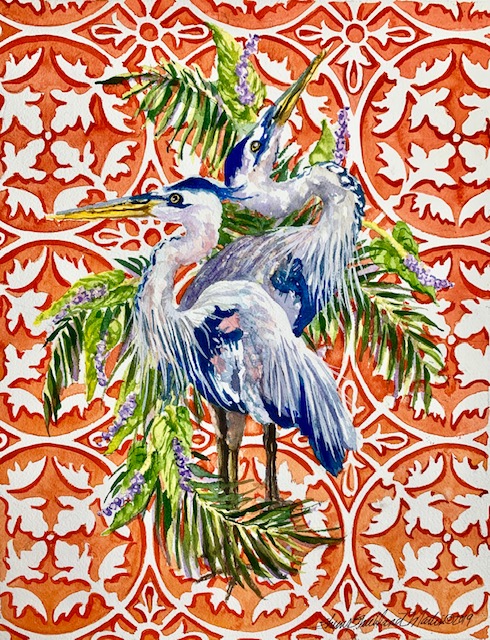 Blue Herons on Orange watercolor c. 2019