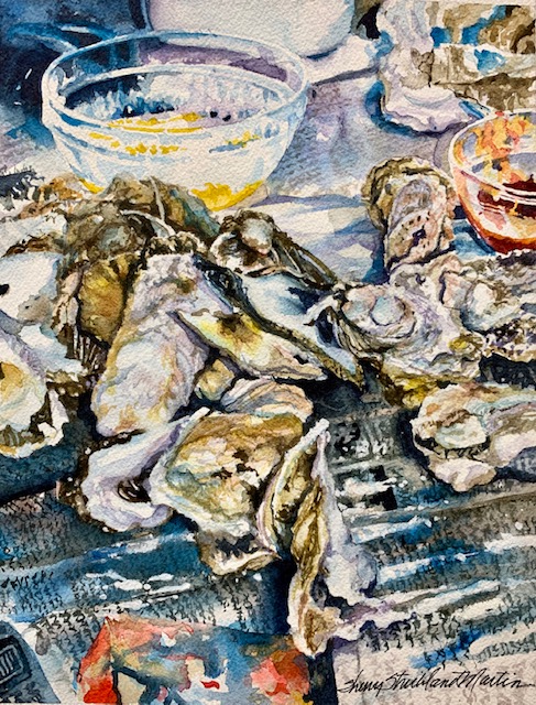Original (SOLD) & Giclee Prints 11 x 14". "Oyster Roasts" original framed- 19"x16" framed watercolor Available at Thibault Gallery Beaufort, SC 