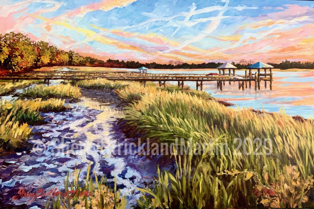 "Sundown at Wallace Landing" Oils 20"x30" Framed available at Thibault Gallery, Beaufort SC