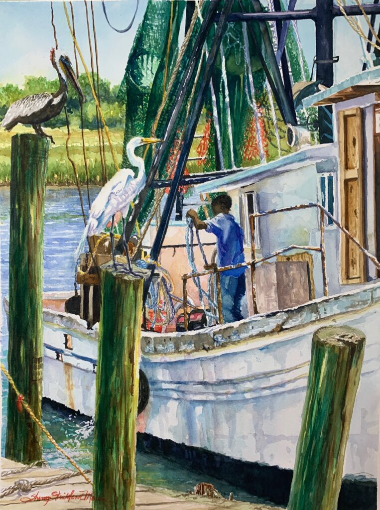 Original (SOLD) & Giclee Prints Available sizes 11 x 14 and 18 x 24 "Docking at Gay's" - original watercolor available at Thibault Gallery Beaufort, SC 14" x 20"