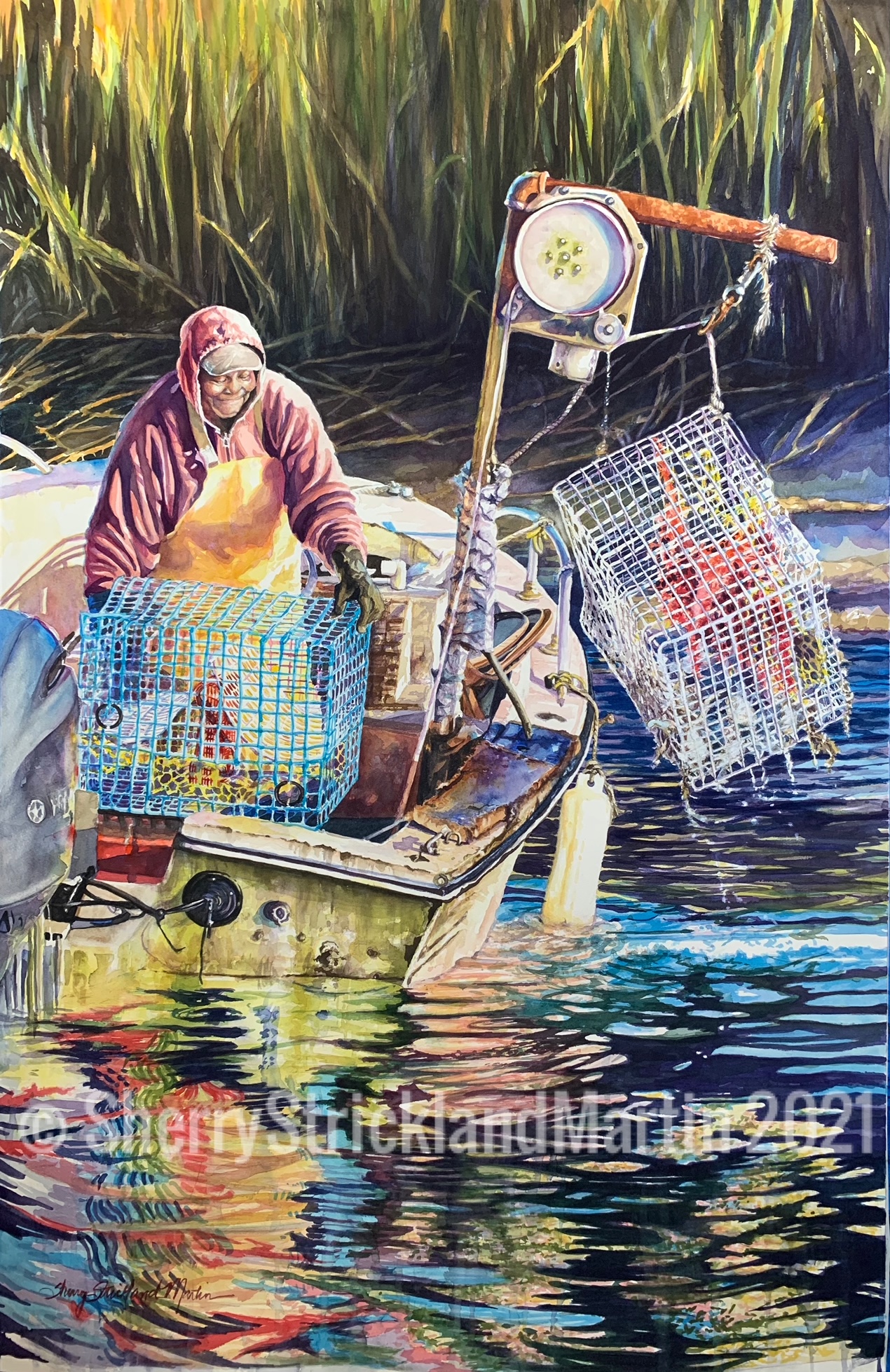 "Morning Catch on Caper's Creek" Watercolor Image size 25" x 40" Framed available @THIBAULT GALLERY