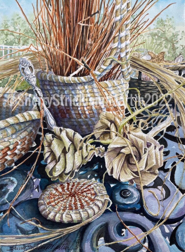 "Sweetgrass Baskets I" watercolor 10"x 13.5" 1500.00 Framed. Prints also available
