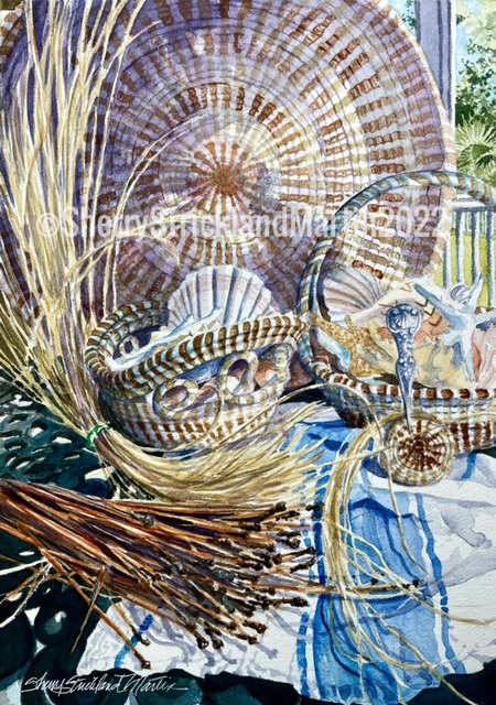 "Sweetgrass Baskets II" watercolor 10"x13.5" Framed 1500.00.  Prints also available